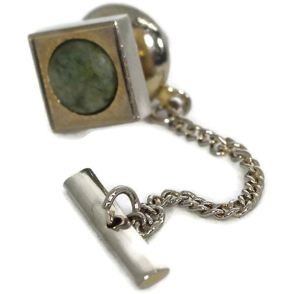 Vintage Gold and Green Stone Tie Tack with Chain, Vintage Men's Accessories - Picture 8 of 10